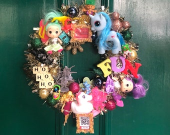 Kitsch Christmas Wreath with lights - Vintage Toys on wreath with lights attached, each one is unique