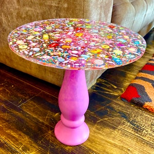 Table Pink Candy Resin pink kitsch sweets & candy coffee table side table resin handmade decor resin top wooden pedestal leg 36cm by 36cm