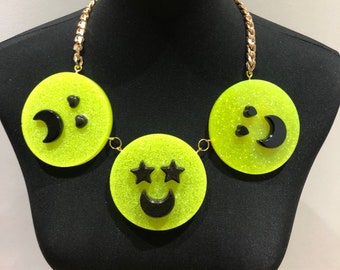 Smiley Face Necklace - Handmade Unique Neon Yellow Resin Discs, put on a chunky gold chain, unique jewelry jewellery, pendant necklace