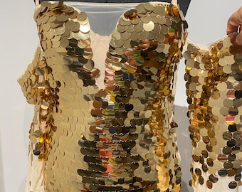 Gold sequin mini dress, handmade hand sewn disco dress with built in bodysuit, unique size 10, flattering sleeves, one of a kind dress