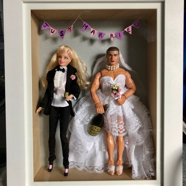 QUEER Wedding ART Gift Barbie Groom Action Man Bride 15x19inch wood & glass box frame, unusual LGBTQI+, queer, gay, non-binary, unique gift