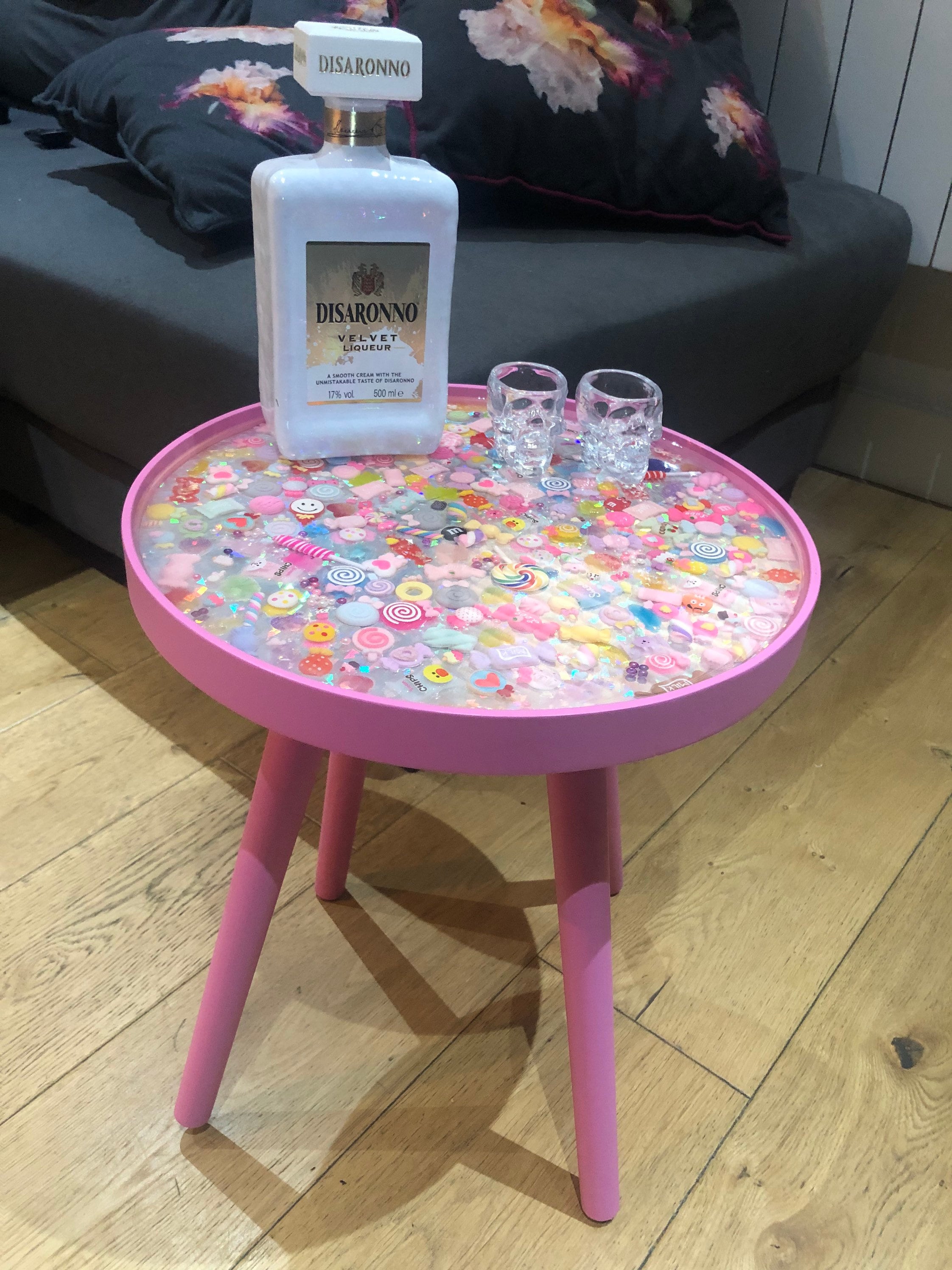 Table Pink Candy Resin pastel pink kitsch sweets & candy coffee table side table resin sweet charms wooden table unique home decor