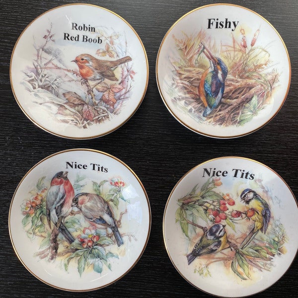 Funny plates, rude ceramic, secret Santa, nice tits decorative plate on stand, fine bone china vintage plates with a twist 12cm, 4 styles