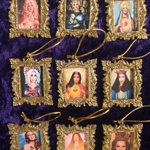 Icon Christmas Decorations Gold Kylie Minogue, Cher & Dolly Parton gifts holidays, ornaments, christmas gold frames with a gold tag image 1