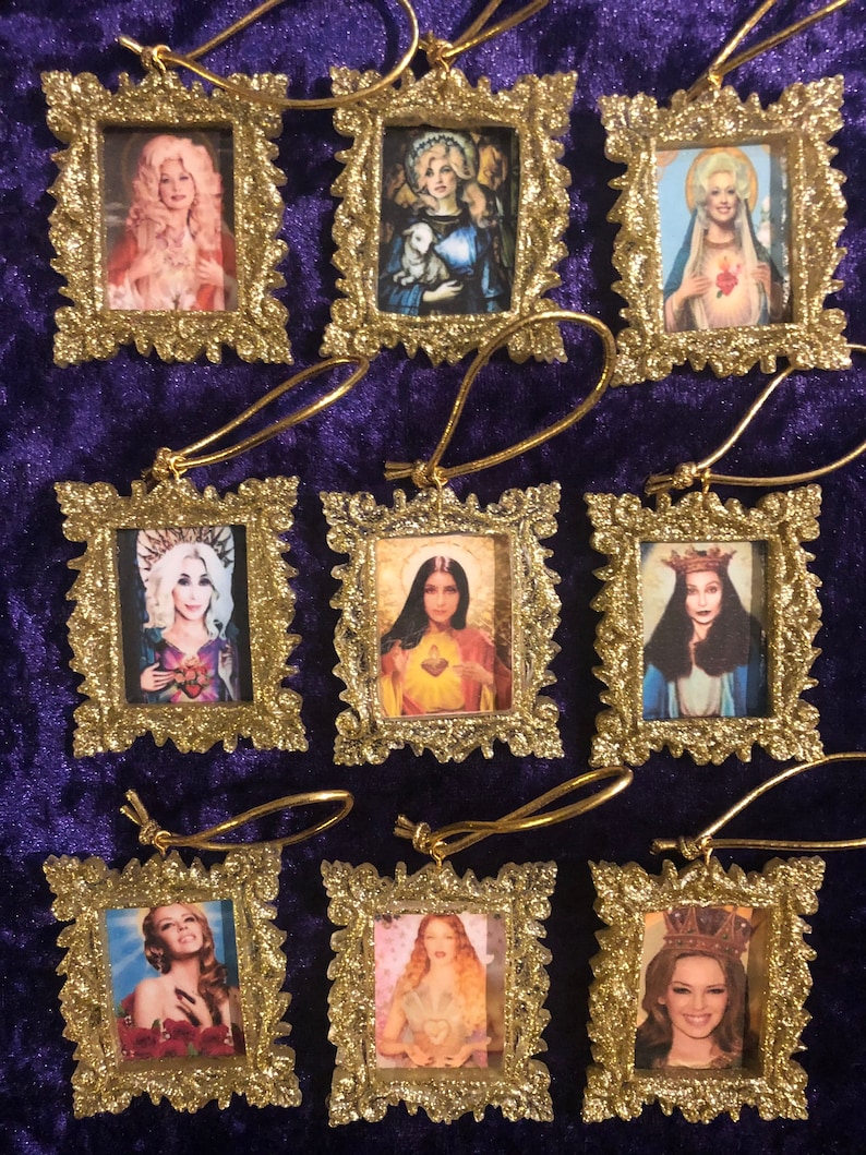 Icon Christmas Decorations Gold Kylie Minogue, Cher & Dolly Parton gifts holidays, ornaments, christmas gold frames with a gold tag image 1