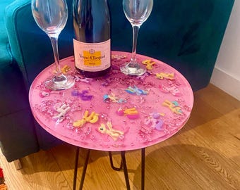 Table My Little Pony Resin pink glitter kitsch coffee table toys side table resin handmade decortop 36cm with 3 wrought iron legs 42cm
