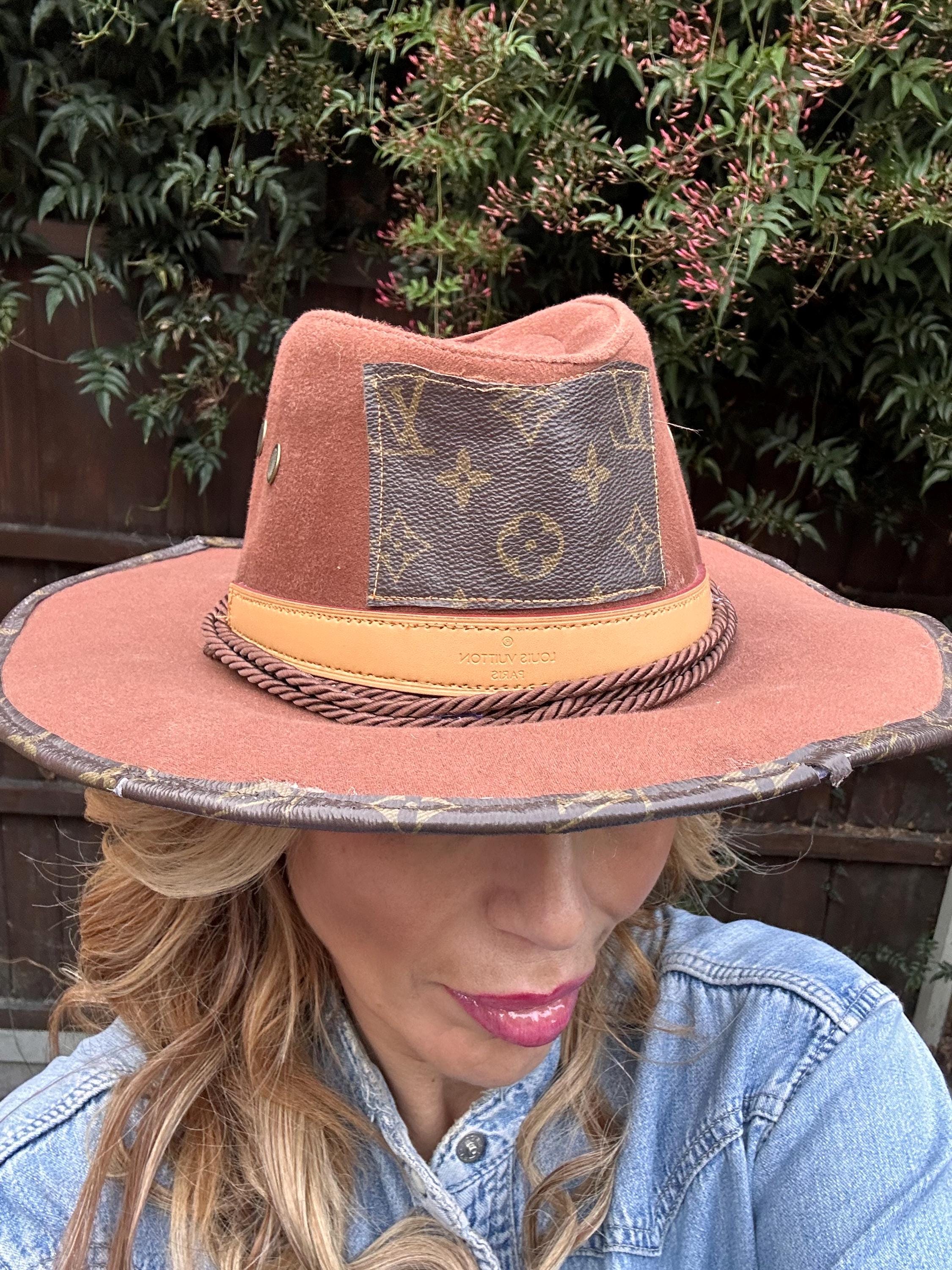 Upcycled LV straw hat Upcycled Louis Vuitton Hat Warm Brown Flat Top – Southern Bliss main image 3