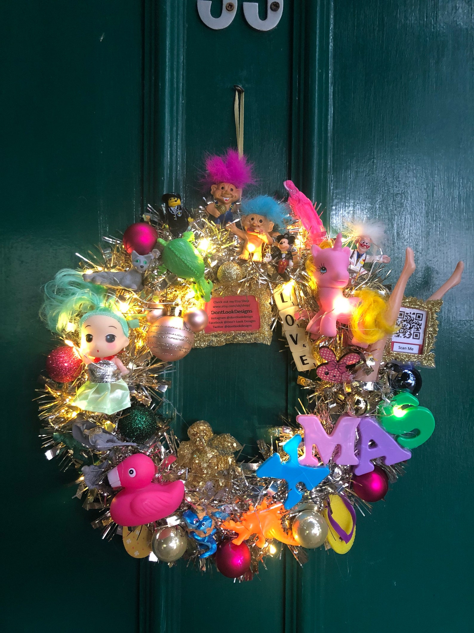 Kitsch Christmas Wreath with lights Vintage Toys on wreath  Etsy