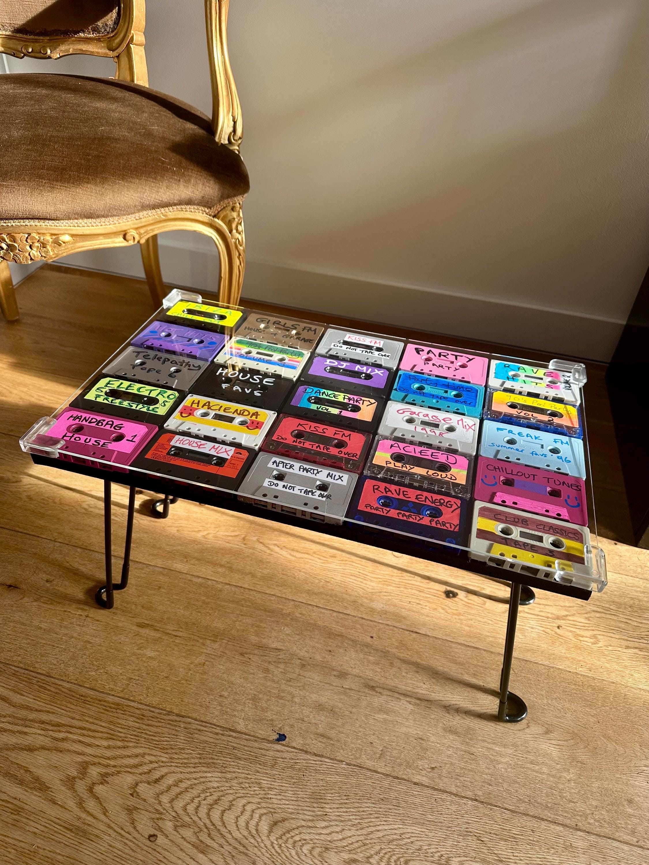 Table Cassette Tape coffee table, side table handmade table fold down legs, perspex table top, lover mixtape cassette unique decor, gift