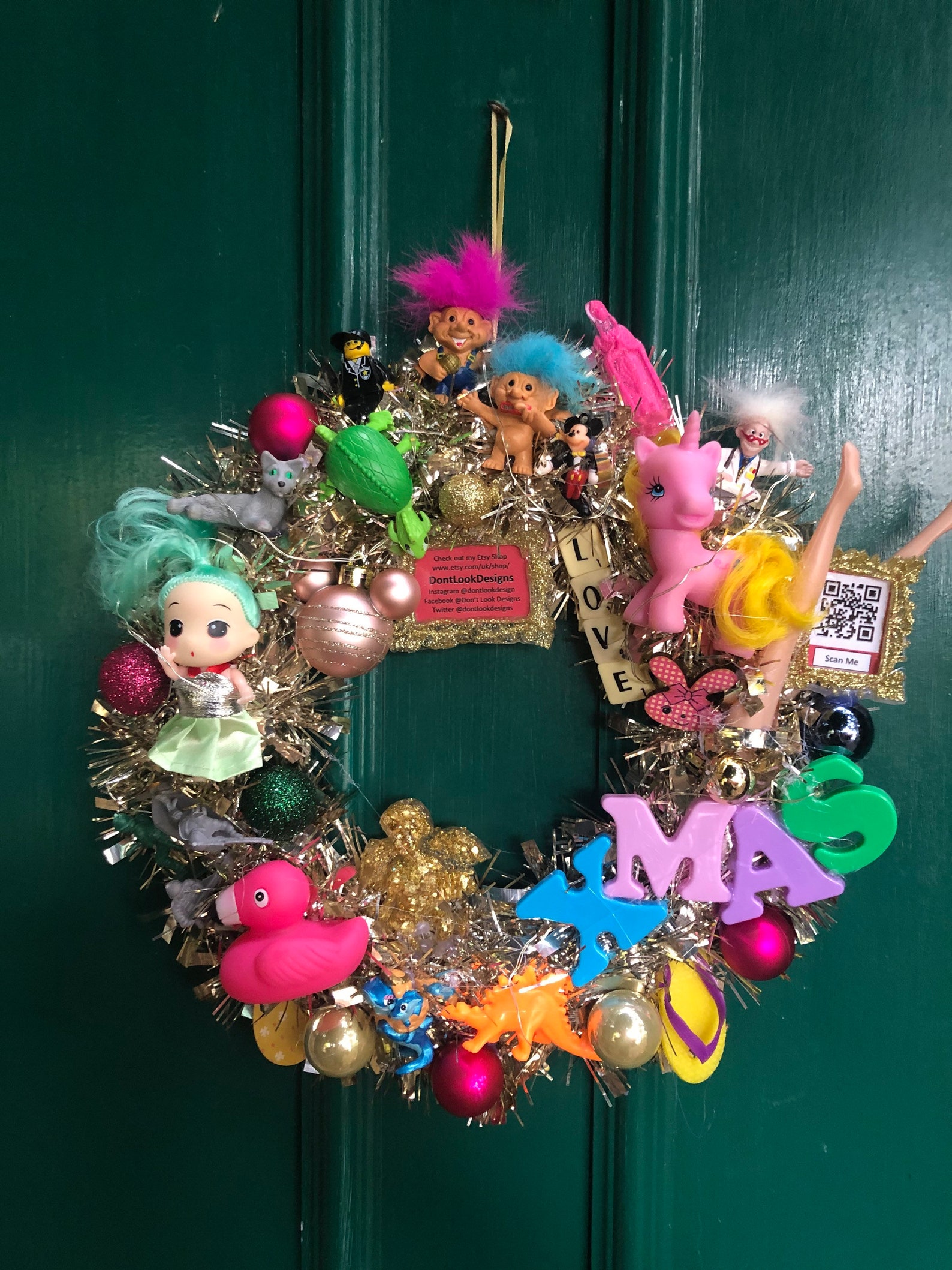Kitsch Christmas Wreath with lights Vintage Toys on wreath Etsy