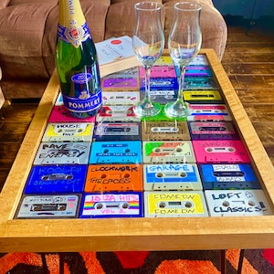 Table Cassette Tape coffee table, hard wood frame, side table handmade table iron legs strong resin top lover mixtape cassette unique decor