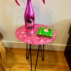 Table Pink Kitsch charms resin table wrought iron legs coffee table kitsch side table cute decor unique homeware pink home