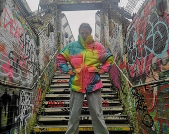 Puffer jacket customised one off, neon, made to order, unique, streetwear, urban style, statement clothing