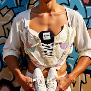 May include: A white crop top made from a pair of white sneakers with a black Nike logo and rainbow accents. The top is laced up the front. The person is wearing white pants and holding two white sneakers.