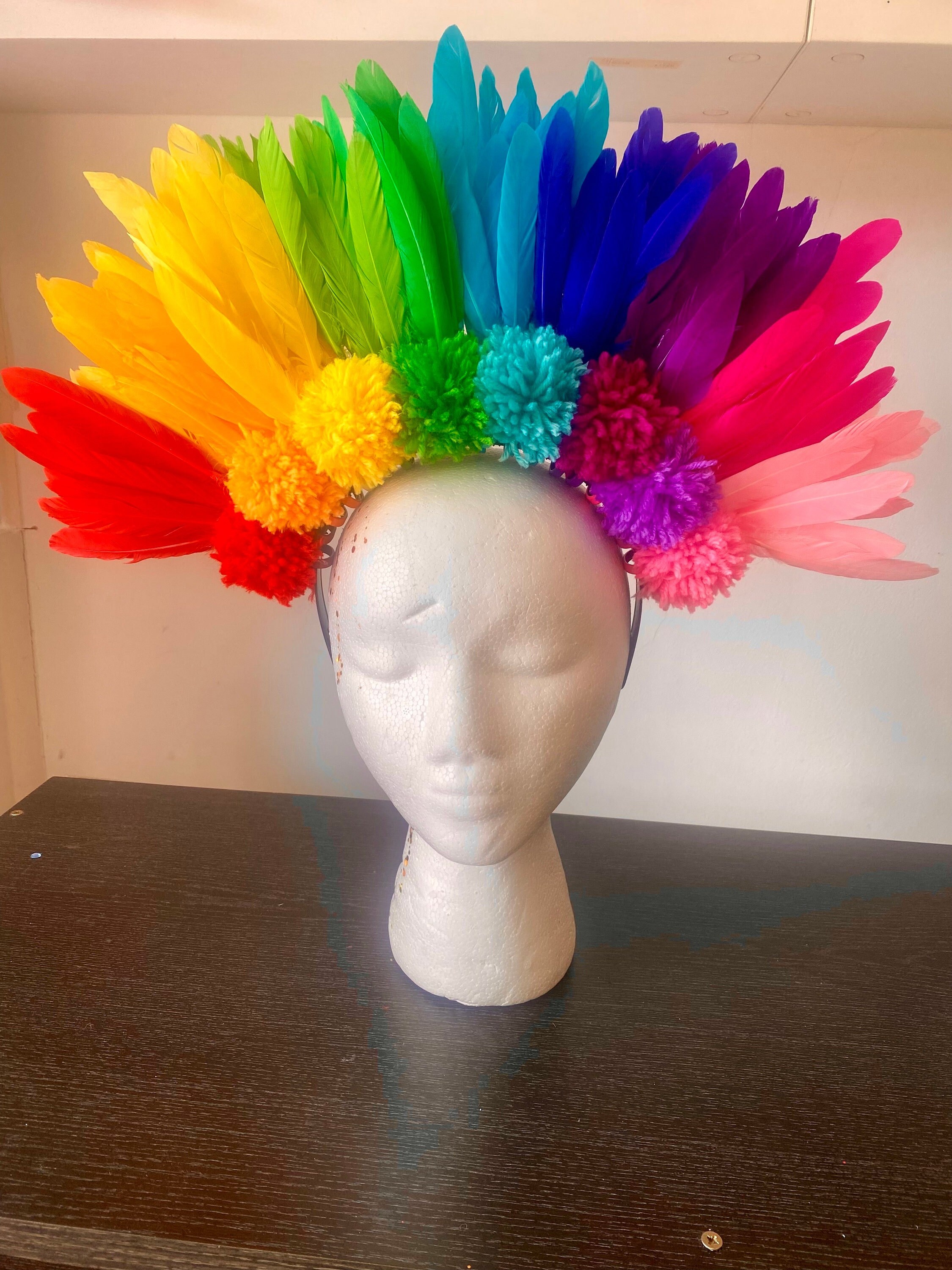 Rainbow Feather Headdress With Pom Poms, Handmade Pride 