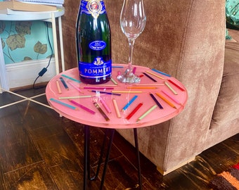 Pink Resin Coffee Table: Handmade Pencil Inlay, Wrought Iron Legs