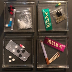 Party Pill Coasters SET of 4 - PRICE is for the set - Resin Custom Design Pill Party Accessories in Handmade Coasters all unique home decor