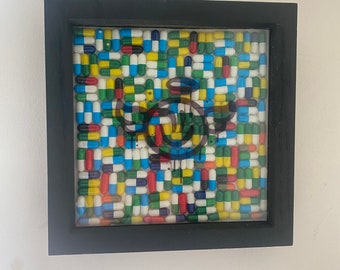 Wall Art Pill Art mixed media in wooden and glass box frame 23cmx23cmx3.5cm mental health message