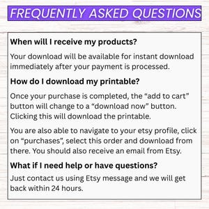 K&ouml;nnte beinhalten: Ein wei&szlig;er Hintergrund mit schwarzem Text, der h&auml;ufig gestellte Fragen beantwortet. Der Titel "FREQUENTLY ASKED QUESTIONS" befindet sich in einem lila Banner. Die Fragen behandeln Produktlieferung, das Herunterladen von Druckvorlagen und Kundensupport.