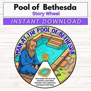 May include: A colorful illustration of the Pool of Bethesda story wheel. The image features a man in blue robes sitting near a pool, with text that reads "Man at the Pool of Bethesda." The wheel includes the text "Instant Download."