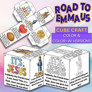 May include: A colourful cube craft with the text "Road to Emmaus" and "It's Jesus". The image shows a cube with illustrations and text, along with a colour-in version. The cube features Bible stories.