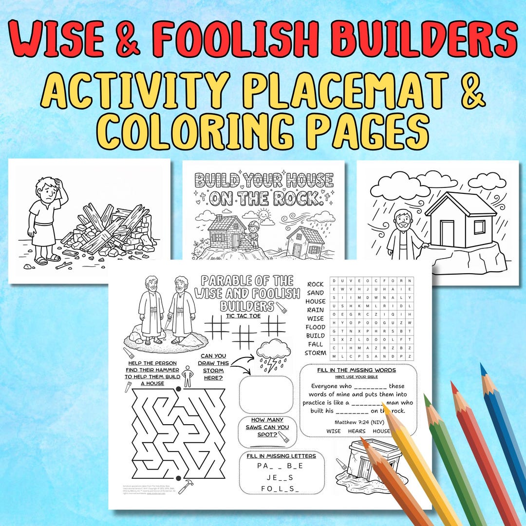 The Wise and Foolish Builders Parable Coloring Activity Placemat and ...
