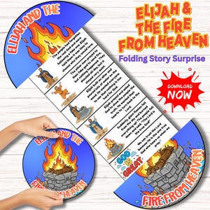 Puede incluir: Una colorida historia plegable ilustrada titulada "Elías y el fuego del cielo". El diseño presenta llamas, figuras bíblicas y texto. El producto está diseñado para plegarse, revelando una narrativa con ilustraciones y texto.