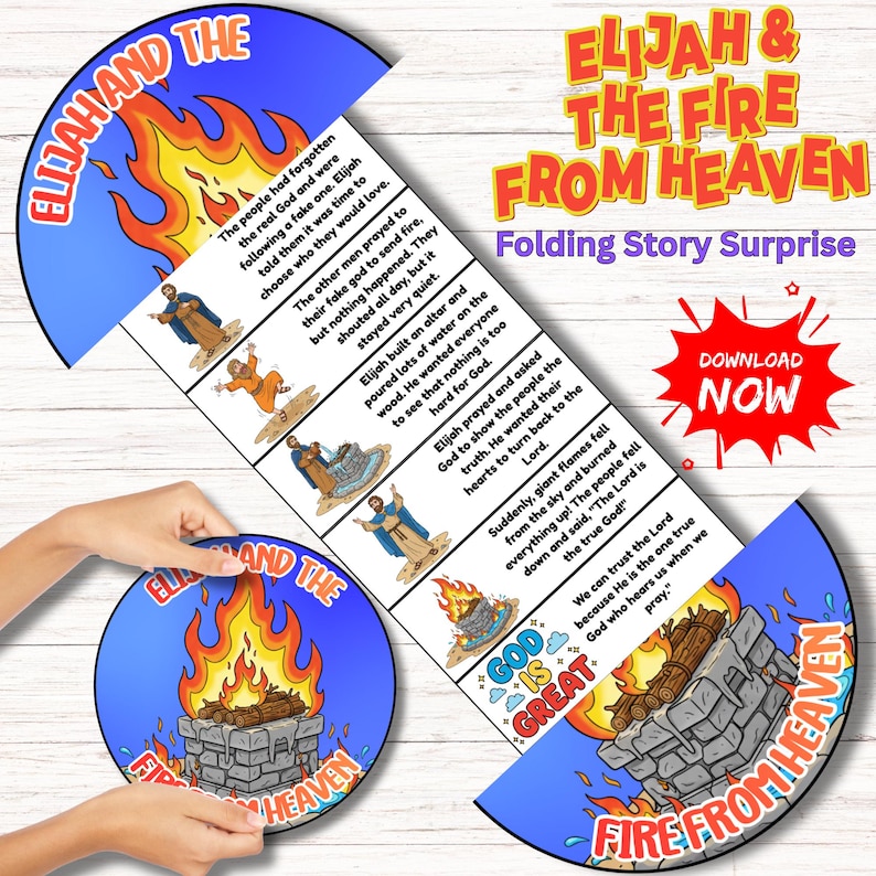 K&ouml;nnte beinhalten: Eine farbenfrohe, illustrierte Klappgeschichte mit dem Titel "Elia und das Feuer vom Himmel". Das Design zeigt Flammen, biblische Figuren und Text. Das Produkt ist zum Falten konzipiert und enth&uuml;llt eine Erz&auml;hlung mit Illustrationen und Text.