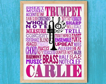 Gift for Trumpet Player, Trumpet Typography Poster, Band Teacher Gift, Marching Band Gift, Trumpet Gift, Trumpet Player Gift