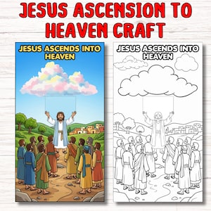 Può includere: Due illustrazioni affiancate. L'immagine a sinistra è una colorata raffigurazione di Gesù che ascende al cielo, con una folla di persone sottostante. L'immagine a destra è un contorno in bianco e nero della stessa scena, adatto per la colorazione. Il testo in alto recita "JESUS ASCENSION TO HEAVEN CRAFT".