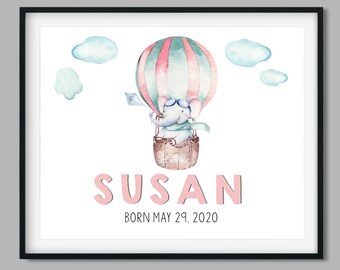 Personalized Hot Air Balloon Printable for Girls Room, Nursery Print for Toddler Bedroom, Watercolor Wall Art, Nursery Wall Art, Toddler Art