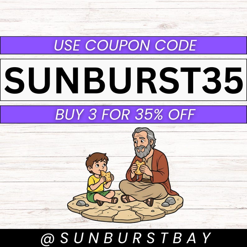 Puede incluir: Ilustraci&oacute;n de un hombre mayor y un ni&ntilde;o peque&ntilde;o sentados en una formaci&oacute;n rocosa, comiendo. La imagen incluye el texto "USE COUPON CODE SUNBURST35" y "BUY 3 FOR 35% OFF". La imagen est&aacute; firmada con el texto "@SUNBURSTBAY".