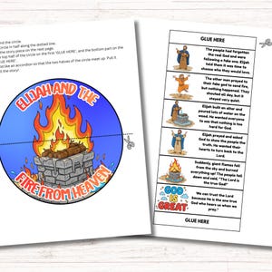 K&ouml;nnte beinhalten: Ein farbenfrohes Kinder-Arbeitsblatt mit dem Text "Elia und das Feuer vom Himmel". Die Illustration zeigt einen brennenden Altar und eine Reihe von Szenen aus der Bibelgeschichte. Enth&auml;lt Anweisungen und den Satz "Gott ist gro&szlig;".