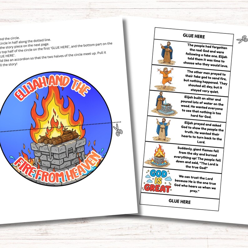 K&ouml;nnte beinhalten: Ein farbenfrohes Kinder-Arbeitsblatt mit dem Text "Elia und das Feuer vom Himmel". Die Illustration zeigt einen brennenden Altar und eine Reihe von Szenen aus der Bibelgeschichte. Enth&auml;lt Anweisungen und den Satz "Gott ist gro&szlig;".