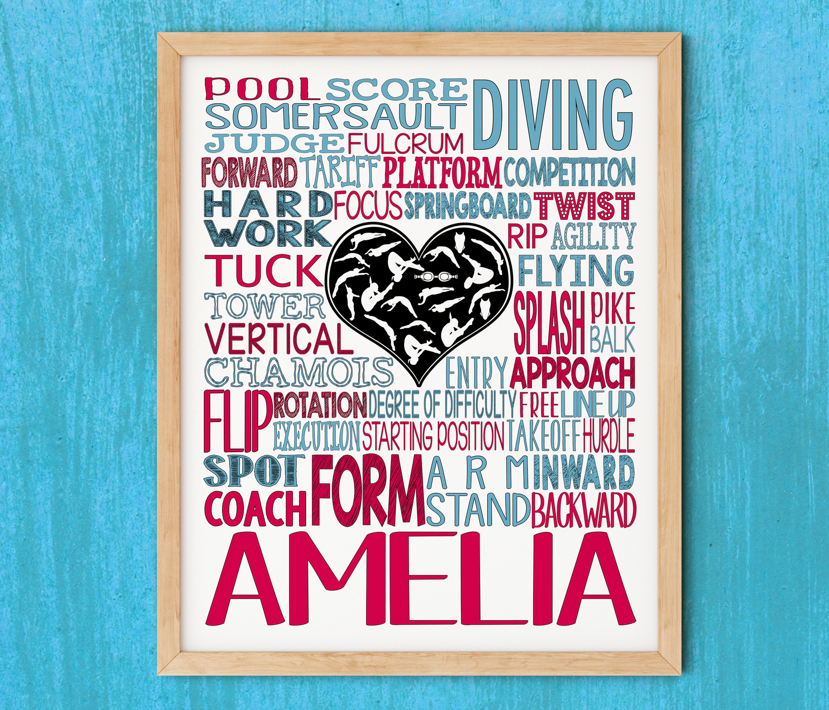 Personalisiertes Tauchposter, Geschenk für Taucher, Tauchteamgeschenk, Tauchlehrergeschenk, Leistungstauchen, Tauchtypografie, weibliches Tauchkunst