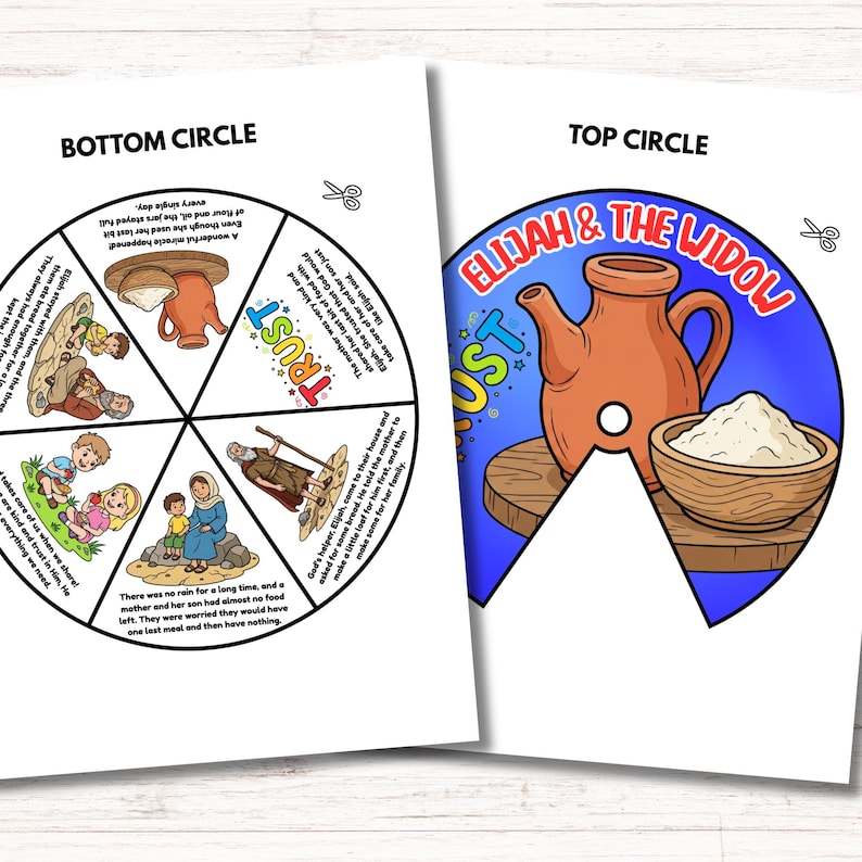 Rueda para colorear de Elías y la viuda, manualidad con la historia de la rueda bíblica, actividad para la escuela dominical imagen 4