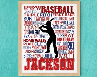 BASEBALL PLAYER GIFT, Baseball Art, Pitcher, Catcher, Batter, Personalized Baseball Typography, Baseball Team Gift, Baseball Gift Ideas