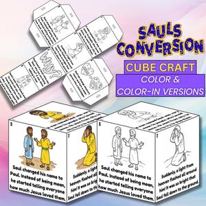 Puede incluir: Un cubo artesanal con ilustraciones y texto de la historia bíblica de la conversión de Saulo. El diseño incluye una plantilla de cubo con ilustraciones y texto, y las palabras "SAULS CONVERSION" y "CUBE CRAFT COLOR & COLOR-IN VERSIONS".
