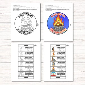 K&ouml;nnte beinhalten: Vierseitiges druckbares Aktivit&auml;tsset. Die oberen zwei Seiten zeigen ein kreisf&ouml;rmiges Design mit dem Text "Elia und das Feuer vom Himmel". Die unteren zwei Seiten enthalten illustrierte Story-Panels und den Satz "Gott ist gro&szlig;".