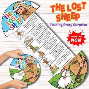 Minilibro imprimible con sorpresa plegable de la parábola de la oveja perdida, manualidad de historia bíblica, actividad manual para la escuela dominical.