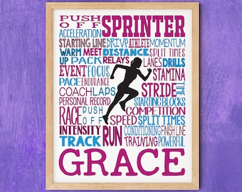 Girls Personalized Sprinter Art, Gift For Sprinter, Custom Track and Field Poster, Running Gift Ideas, Sprinter Word Art, Track Team Coach