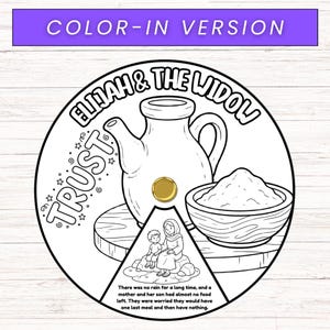Puede incluir: Ilustraci&oacute;n en blanco y negro de un dise&ntilde;o circular con el texto "ELIJAH & THE WIDOW" y "TRUST". La imagen incluye una tetera, un cuenco de harina y una madre y su hijo. El texto "COLOR-IN VERSION" est&aacute; en la parte superior.