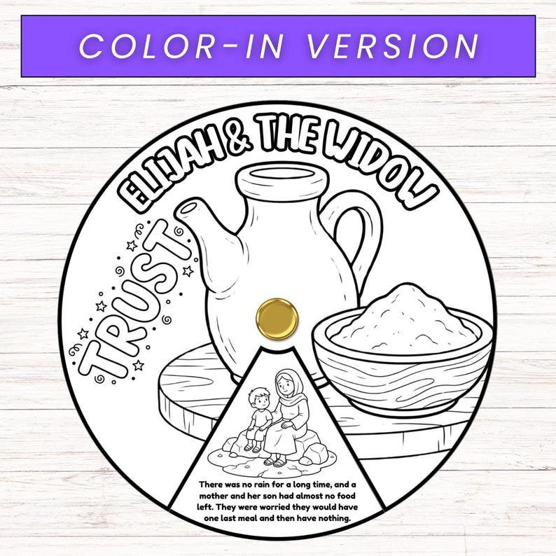 Puede incluir: Ilustraci&oacute;n en blanco y negro de un dise&ntilde;o circular con el texto "ELIJAH & THE WIDOW" y "TRUST". La imagen incluye una tetera, un cuenco de harina y una madre y su hijo. El texto "COLOR-IN VERSION" est&aacute; en la parte superior.