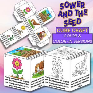 Puede incluir: Una manualidad de cubo imprimible con ilustraciones y texto de la parábola del sembrador y la semilla. La imagen incluye una versión en color y una versión en blanco y negro para colorear. El texto dice "Sower and the Seed".