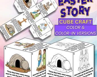 May include: An Easter story cube craft template featuring colored and black-and-white versions. The paper craft displays illustrations of biblical scenes with text, including a tomb, a donkey, a cross, and an angel, labeled with numbers 1 through 6.