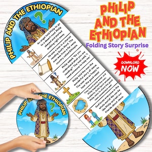 Può includere: Un libro di storie per bambini intitolato "Filippo e l'Etiope". La copertina presenta illustrazioni di figure bibliche e testo. La storia si sviluppa con pannelli illustrati e le parole "Folding Story Surprise" e "Download Now".