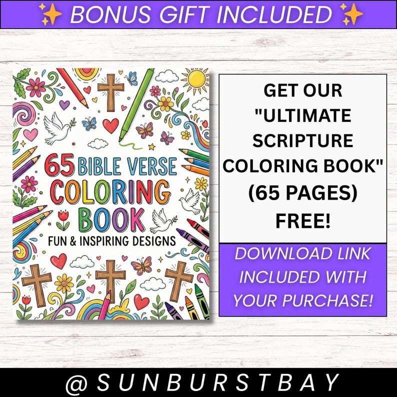 Puede incluir: Un libro para colorear colorido con el texto "65 Bible Verse Coloring Book" y "Fun & Inspiring Designs". La portada presenta cruces, flores, mariposas y l&aacute;pices. La imagen tambi&eacute;n incluye el texto "Bonus Gift Included" y "Get our Ultimate Scripture Coloring Book (65 Pages) FREE!"