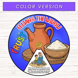 Puede incluir: Ilustraci&oacute;n colorida con el texto "El&iacute;as y la viuda" y "Confianza". Representa una jarra marr&oacute;n, un cuenco de madera con contenido blanco y una madre y su hijo. El texto en la parte inferior dice: "No llovi&oacute; durante mucho tiempo..."