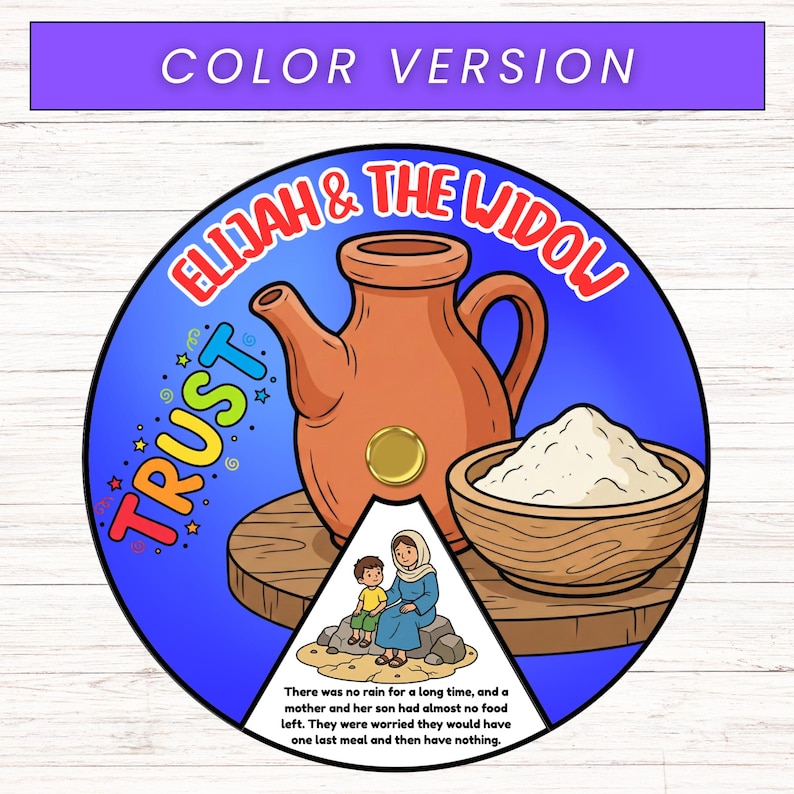 Puede incluir: Ilustraci&oacute;n colorida con el texto "El&iacute;as y la viuda" y "Confianza". Representa una jarra marr&oacute;n, un cuenco de madera con contenido blanco y una madre y su hijo. El texto en la parte inferior dice: "No llovi&oacute; durante mucho tiempo..."