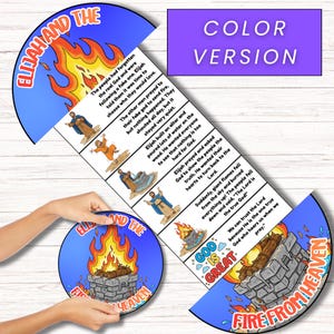 K&ouml;nnte beinhalten: Ein farbenfrohes Lernspielzeug f&uuml;r Kinder mit einer Geschichte &uuml;ber Elia und das Feuer vom Himmel. Das Design umfasst Illustrationen eines Feuers, Text und die Worte "Color Version".